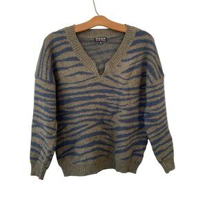 Poof New York Zebra Stripe Sweater Medium Green Navy V-Neck Soft Knit Pullover